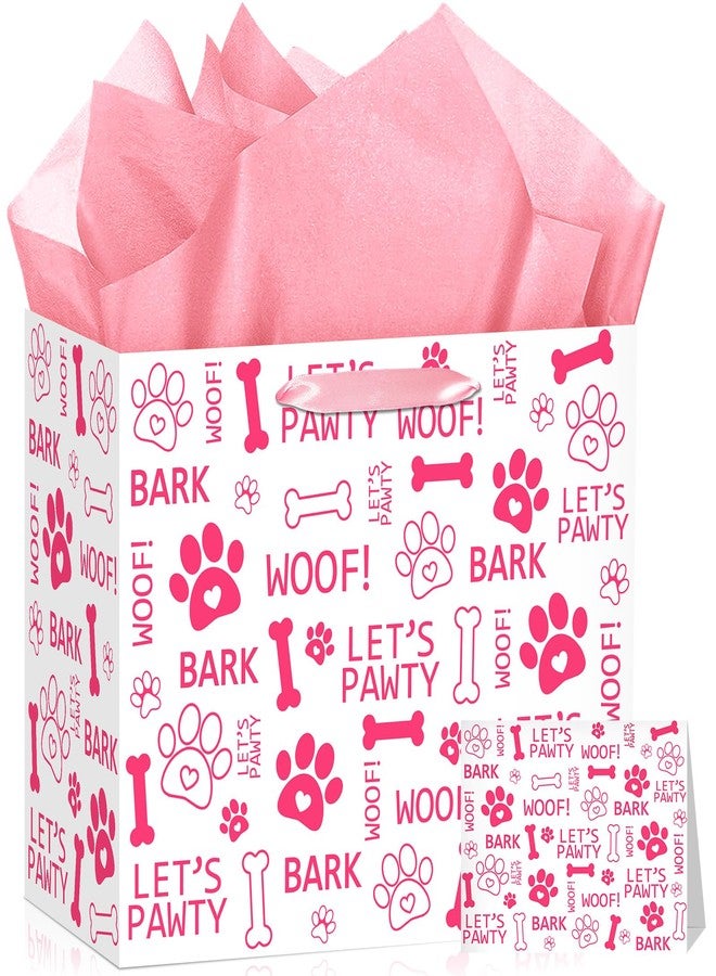 Woosytoo Pink Dog Paw Print Birthday Gift Bags Pet Birthday Party Decoration Puppy Favors Goodie Bag with Card Tissue Paper Let's Pawty Party Decorations Pink Dog Paw Wrapping Paper Bag for Boys Girls Pet Bday Decor - Image 1